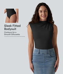 Mock Neck Ruched Sleeveless Casual Bodysuit