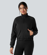 Reversible High Neck Long Sleeve Fleece Hiking Jacket with Pockets (Two Looks in One)