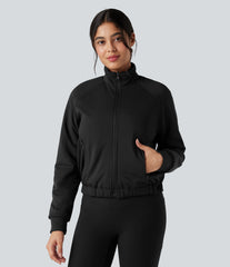 Reversible High Neck Long Sleeve Fleece Hiking Jacket with Pockets (Two Looks in One)