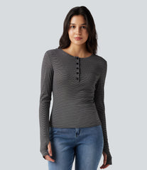 Henley Long Sleeve Thumb Holes Striped Casual T-Shirt