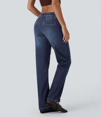 Halara Flex™ Low Rise Zipper Pockets Straight Leg Washed Casual Jeans