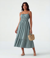 Tie Front Flowy Midi Casual Linen-Feel Slip Dress