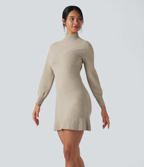 Mock-neck Long Sleeve Ruffle Hem Mini Work Sweater Dress