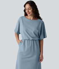 Wrinkle-Resistant Boat Neck Short Sleeve Midi Work Dress
