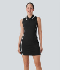 SoftlyZero™ Airy Color Block Polo Zip Sleeveless Bodycon InstantCool Mini Casual Dress-UPF50+