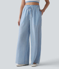 High Waisted Drawstring Wide Leg Stripe Casual Linen-Feel Pants with Pockets