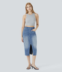 Halara Flex™ High Waisted Pockets Bodycon Washed Denim Casual Midi Skirt