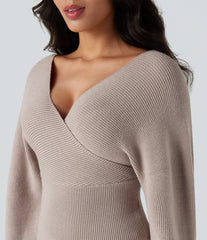 V-neck Batwing Long Sleeve Cut-out Casual Sweater