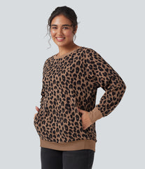 Round Neck Long Sleeve Leopard Waffle Oversized Casual Sweatshirt with Pockets