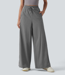 High Waisted Drawstring Wide Leg Stripe Quick Dry InstantCool Running Pants with Pockets-UPF40+