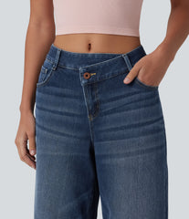 Halara Flex™ Asymmetric Mid Rise Wide Leg Casual Jeans with Pockets