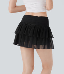 Mid Rise Sheer Layered 2-in-1 Micro Mini Casual Skirt with Pocket
