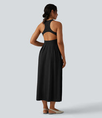 Round Neck Racerback Midi Casual Dress with Pockets