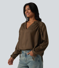 V Neck Bishop Long Sleeve Casual Blouse