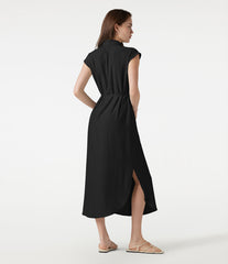 Collar Cap Sleeve Belted Curved Split Hem Midi Casual Linen-Blend Shirt Dress with Pockets