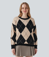 Round Neck Long Sleeve Diamond Check Work Sweater