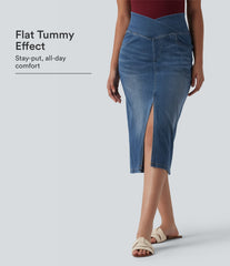 Halara Flex™ Asymmetric High Waisted Tummy Control Split Denim Casual Straight Skirt with Pockets