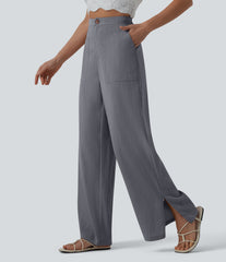 High Waisted Zip Hem Wide Leg Casual Linen-Feel Pants with Pockets