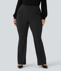 High Waisted Side Flap Pocket Flare Plus Size Casual Cargo Pants