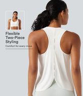 Round Neck Racerback Built-in Bra Cool Touch 2-Piece Casual Tank Top-UPF50+