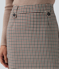 Mid Rise Zip Split Plaid Work Straight Skirt with Pockets