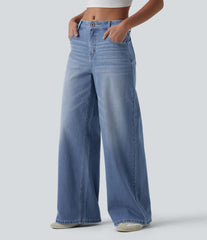Halara Flex™ Mid Rise Washed Baggy Wide Leg Casual Jeans with Pockets