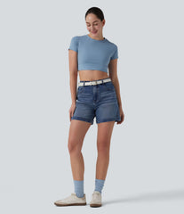 Halara Flex™ Mid Rise Rolled Hem Denim Casual Shorts 5'' with Pockets