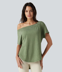 One-Shoulder Short Sleeve Curved Hem High Low Built-in Bra Casual Heathered Top