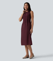 Boat Neck Sleeveless Belted Plisse Midi Work Dress