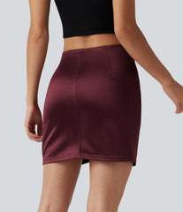 High Waisted Ruched Crossover Hem 2-in-1 Bodycon Satin Mini Casual Skirt