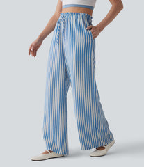 High Waisted Drawstring Wide Leg Stripe Casual Linen-Feel Pants with Pockets