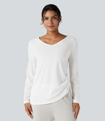 Deep V-neck Long Sleeve Drawstring Hem Casual Top