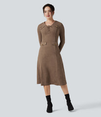 Lace-up V-neck Long Sleeve Midi Suede Work Dress