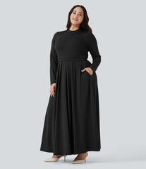 Mock-neck Long Sleeve Flare Maxi Casual Plus Size Dress with Pockets