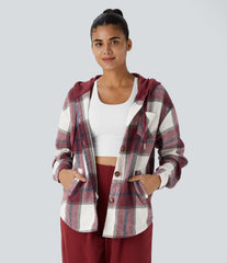 Hooded Drawstring Pocket Plaid Thermal Casual Jacket