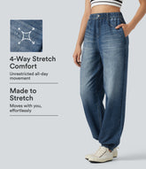 High Waisted Denim Print French Terry Casual Joggers with Pockets