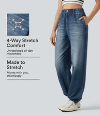 High Waisted Denim Print French Terry Casual Joggers with Pockets