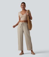 Mid Rise Drawstring Straight Leg Linen-Feel Pants with Pockets
