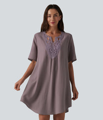 V-neck Short Sleeve Contrast Lace Mini Lyocell Casual Tunic Dress
