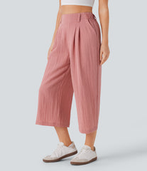 High Waisted Pocket Wide Leg Flowy Solid Palazzo Capri Casual Linen-Feel Pants