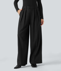 High Waisted Wide Leg Work Linen-Feel Pants with Pockets