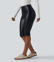High Waisted Tummy Control Stretchy PU Casual Pedal Pushers Leggings with Pockets