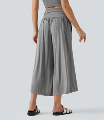 High Waisted Ruched Wide Leg Cropped Casual Pants with Pockets