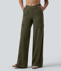 DayStretch V-Shaped High Waisted Wide Leg Casual Cargo Pants with Pockets