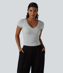 Halara Cotton Jersey V Neck Short Sleeve Built-in Bra Push Up Ruched Casual T-Shirt