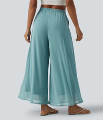 High Waisted Drawstring Wide Leg Flowy Mesh Casual Pants with Pockets
