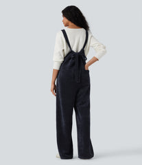 Tie Back Chenille Waffle Casual Overalls with Pockets