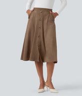 High-waisted Suede Midi Casual Flare Skirt with Pockets