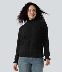 Ruffle Mock Neck Long Sleeve Cut Out Casual Sweater