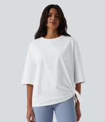 Round Neck 3/4 Sleeve Tie Side Workout Cotton Sports Top
